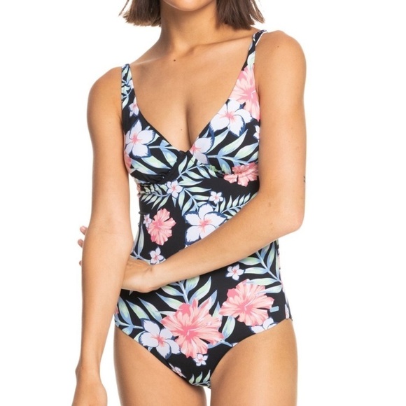 NWT Roxy Printed Beach Classics One-Piece Swimsuit Tropical Floral - Picture 1 of 9